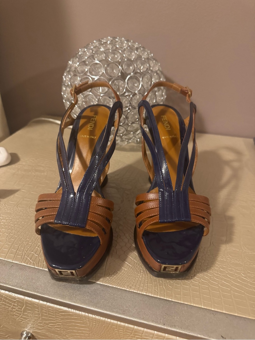 Fendi Navy Patent and Brown Leather Platform Slingback Heels